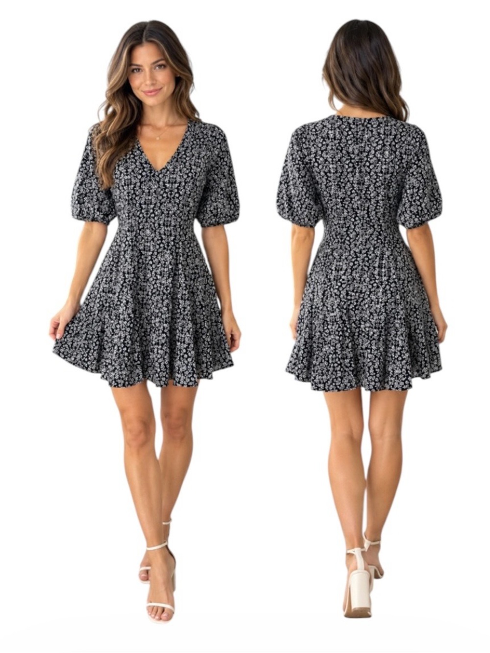 Universal Thread Women’s Black Floral with Puff Sleeves Size L NWT